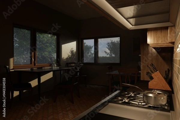 Fototapeta Kitchen interior with a set table: teapot, cups and morning light. Warm and cozy atmosphere.