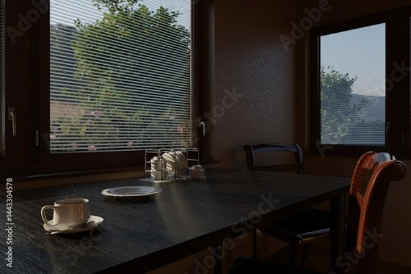Fototapeta Modern kitchen interior with a set table: a cup of tea and morning light. Warm and cozy atmosphere.
