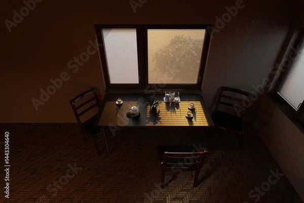 Fototapeta A dark wooden table set with cups of tea, a teapot and a small plant composition, illuminated by soft morning light through the blinds.