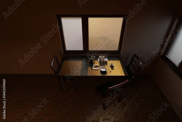 Fototapeta Dark wooden table with plate, cup, sliced bread and small plant composition illuminated by soft morning light through blinds.