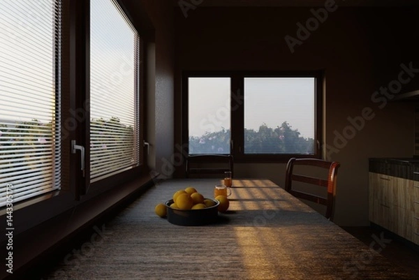 Fototapeta Minimalist kitchen with a wooden table, oranges, and fresh juice in the morning light