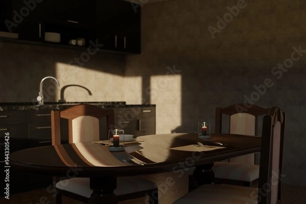 Fototapeta Cozy modern kitchen with a wooden table, two candles, and soft evening light casting shadows on the wall