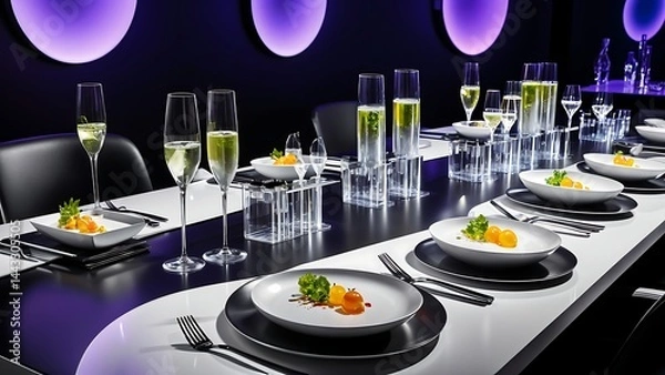 Fototapeta A long table set for a fancy meal with plates of food and glasses of champagne in a dark room