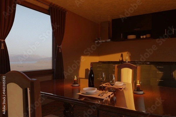 Fototapeta Bottle of wine with glasses, candles on a wooden table in a cozy kitchen, filled with warm evening light