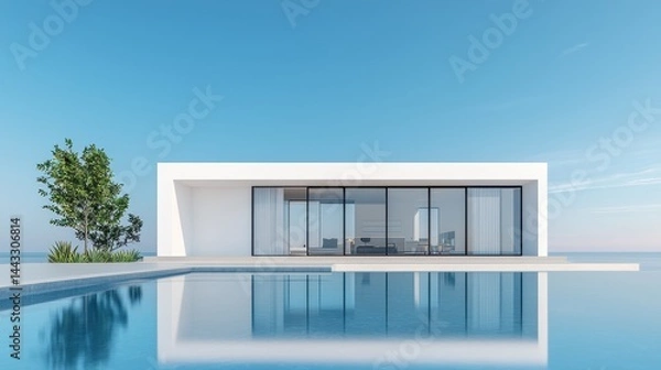 Obraz Modern minimalist villa with swimming pool and clear blue sky