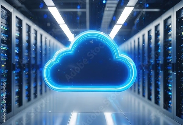 Fototapeta a glowing blue cloud icon hovers in the center of a server room filled with rows of illuminated server racks.
