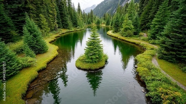 Obraz Tranquil Green Forest River with Island and Tree Reflection