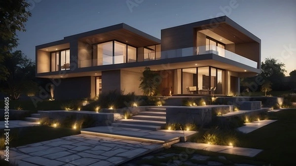 Fototapeta Modern house with illuminated steps and landscape at dusk showing architectural design features