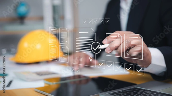 Fototapeta Approved buildings permit concept with approved residential building project, Construction project inspection, Architect or engineer Checking the list of documents and approving the project.