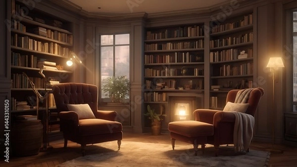Fototapeta A cozy reading room with bookshelves armchairs and fireplace creating a warm atmosphere light setting