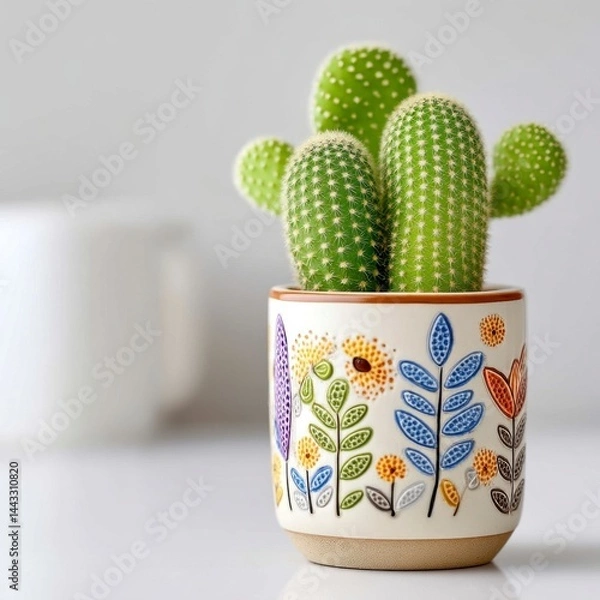 Obraz Vibrant Floral Cactus Pot Close Up of a Green Cactus in a Colorful Ceramic Container