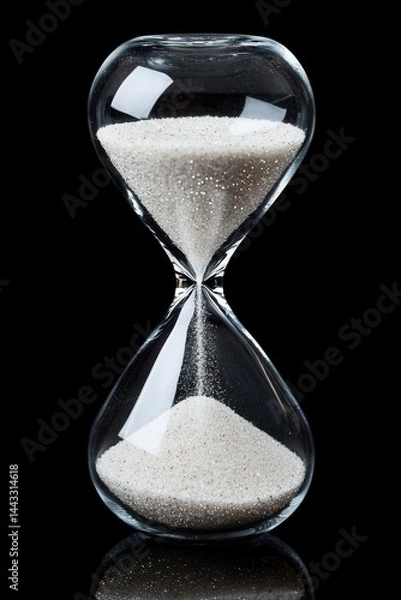 Fototapeta Hourglass on black background showing time passing with white sand flowing through the glass in a conceptual photo symbolizing deadlines and pressure