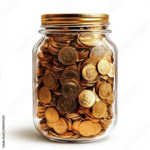 Obraz A clear glass jar filled to the brim with shiny golden coins, reflecting light with a warm glow.