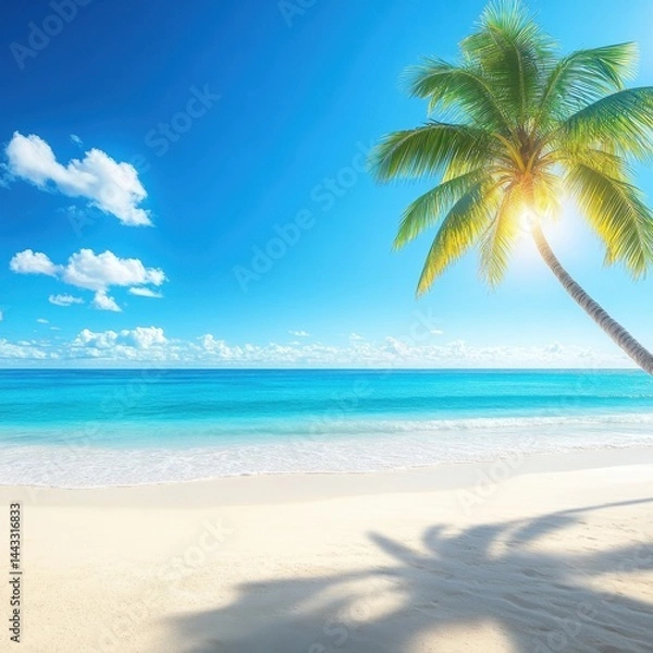 Fototapeta Serene tropical beach paradise with turquoise ocean and palm tree under bright blue sky a perfect summer vacation destination with white sand and gentle waves