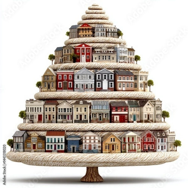 Obraz Whimsical Christmas Tree of Colorful Houses Illustration