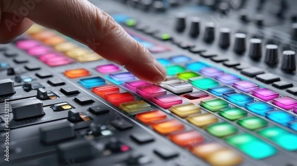 Obraz Focused hand pointing at a vibrant color-graded sequence, editing a film in a home office setting - Computer office Design Bright Video