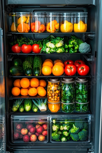 Obraz inside a well-organized refrigerator with fruits, vegetables, and water