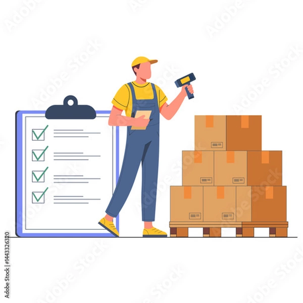 Fototapeta Worker in overalls scans boxes with barcode scanner beside checklist, symbolizing efficient inventory management