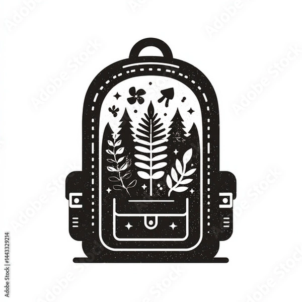 Obraz Bold black vector icon of a backpack with nature elements inside, filled shapes and clean outline, symbolizing eco-tourism travel, on a white background