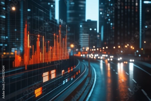 Fototapeta Night Cityscape with Dynamic Data Visualization