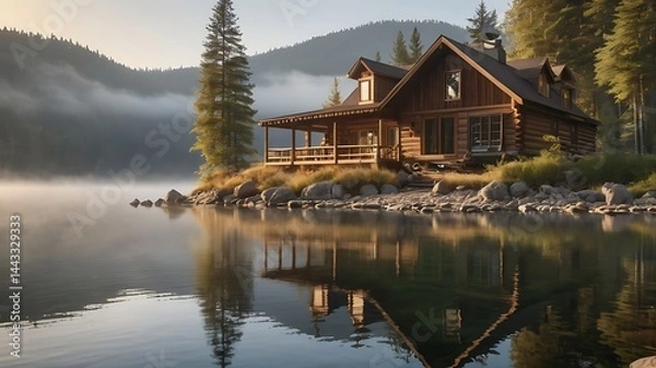 Fototapeta A log cabin is situated on the edge of a lake with mountains and trees in the background view scene