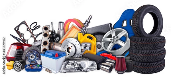 Fototapeta huge stack pile of  car parts including seat wheels, tires, filters, and engine components isolated white background. automotive vehicle repair and service industry concept.