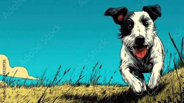 Obraz Happy dog running through tall grass against a light blue sky