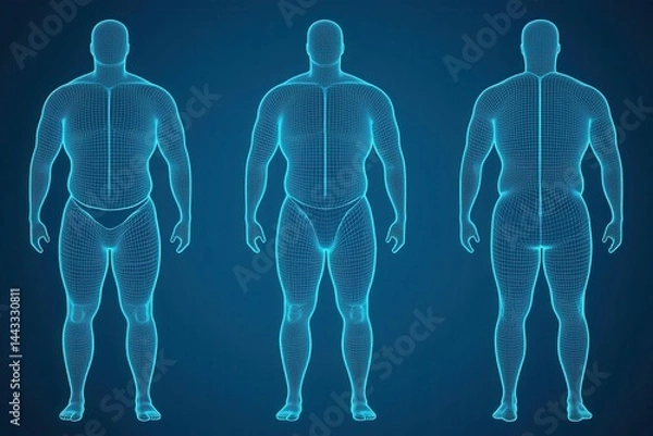 Fototapeta 3D Wireframe Model of Human Body from Front, Side, and Back View