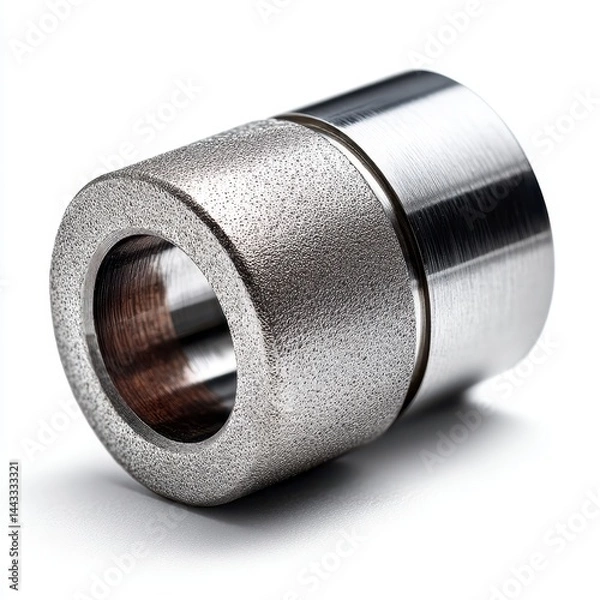 Fototapeta A metallic cylindrical machine part with a textured surface and a hollow center, photographed on a white background.