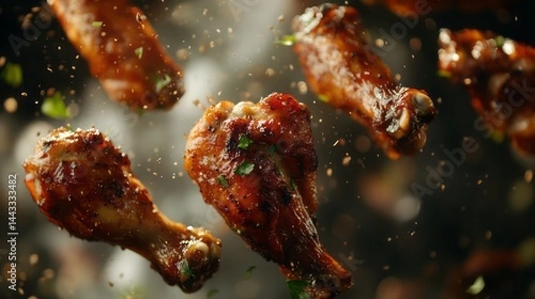 Fototapeta Slow Motion Shot of Grilled Chicken Wings with Aromatic Spices and Blurred Background – Perfect for Tasty and Fun Food Ads.