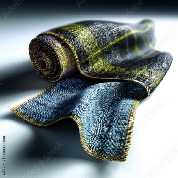 Fototapeta A close-up of a rolled, textured fabric with a woven pattern in shades of gray, blue, and yellow, displayed on a flat surface.