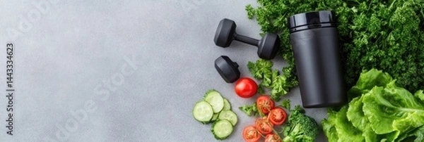 Obraz Healthy lifestyle with fresh fruits and vegetables, dumbbell, and a supplement container