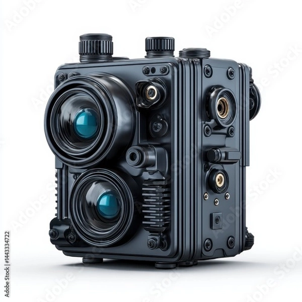 Fototapeta A futuristic, metallic camera with dual lenses and intricate mechanical details, resembling advanced technology equipment.