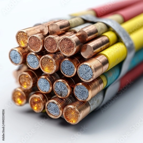 Fototapeta A close-up of bundled, multi-colored electrical cables with visible copper wire ends.