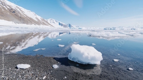 Obraz Icebergs reflecting in calm glacial waters, mountains in the background