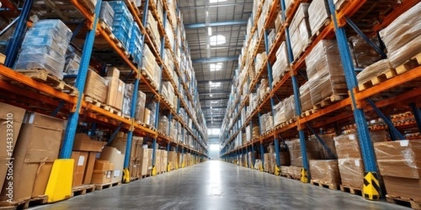 Obraz Interior of a large warehouse with numerous stacked cardboard boxes on metal shelving units