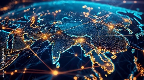 Fototapeta Detailed map of Asia showcasing communication networks and infrastructure.