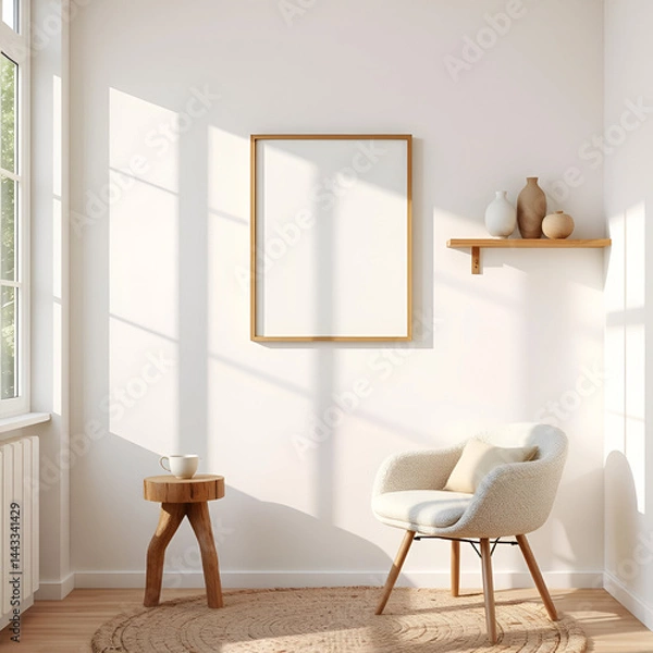 Fototapeta japandi square frame mockup, boucle armchair, stump side table, sculptural shelf decor, cream wall, natural shadows, minimalist elegance