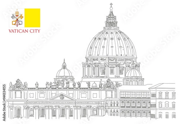 Fototapeta Vatican minimal vector illustration on white background, view of Saint Peters basilica and Vatican flag