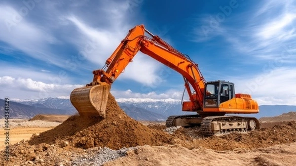 Obraz Large orange excavator working on a construction site, mountains in the background