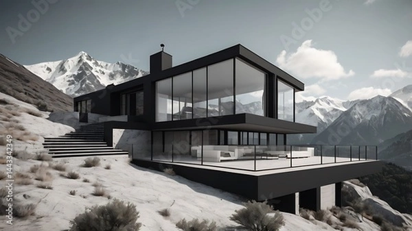 Fototapeta Modern house with large windows on a snowy mountain landscape with cloudy sky and snowy mountains