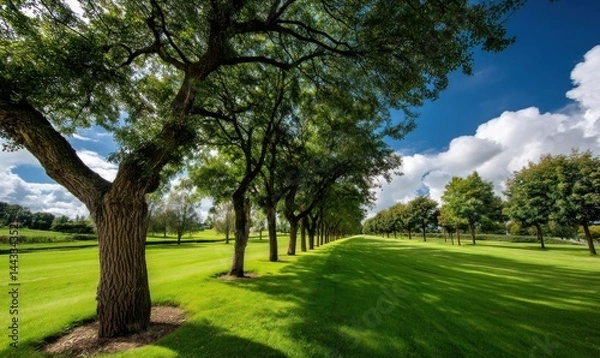 Obraz Lush green fairway lined with trees under a partly cloudy sky
