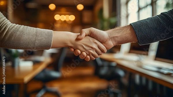 Obraz Close up view of two people shaking hands indoors with a blurred office background