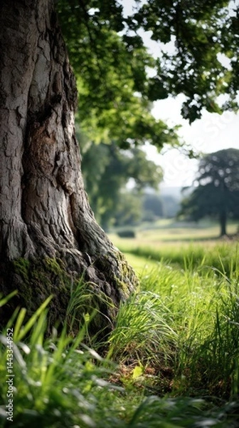 Obraz Lush green grass at the base of a weathered tree trunk, with a blurred background of fields and trees