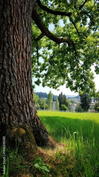 Obraz Lush green field with towering oak tree