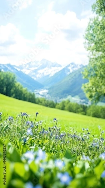 Obraz Lush green meadow with wildflowers and snow-capped mountains