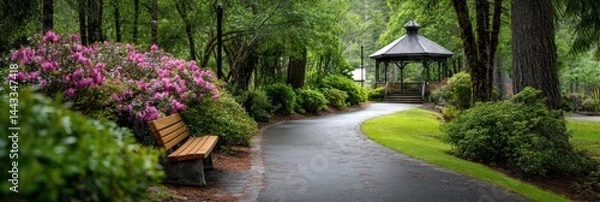 Obraz Lush park pathway with a gazebo and blooming flowers