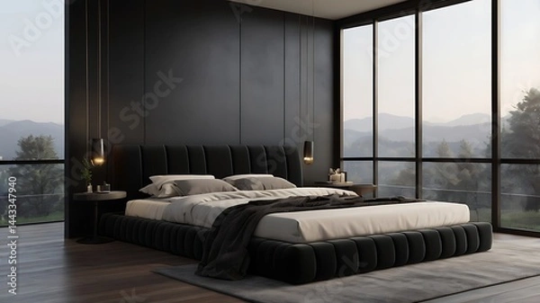 Fototapeta A modern bedroom with a large bed and floor to ceiling windows overlooking a mountain landscape view