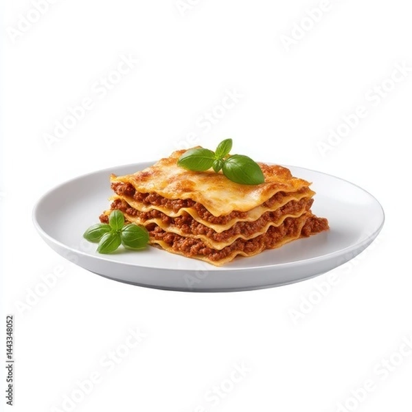 Fototapeta Delicious lasagna with basil isolated on white background