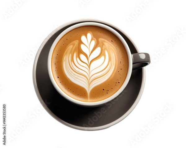 Fototapeta Captivating latte art featuring delicate leaf design, expertly crafted with vibrant milk foam, set against a minimalist aesthetic creating a visually appealing and serene coffee experience